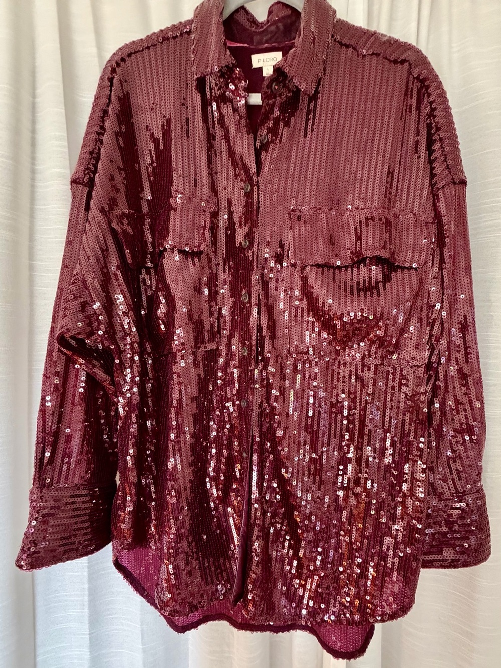 Anthropologie Pilcro Burgundy Sequin Button Down Shirt Shacket